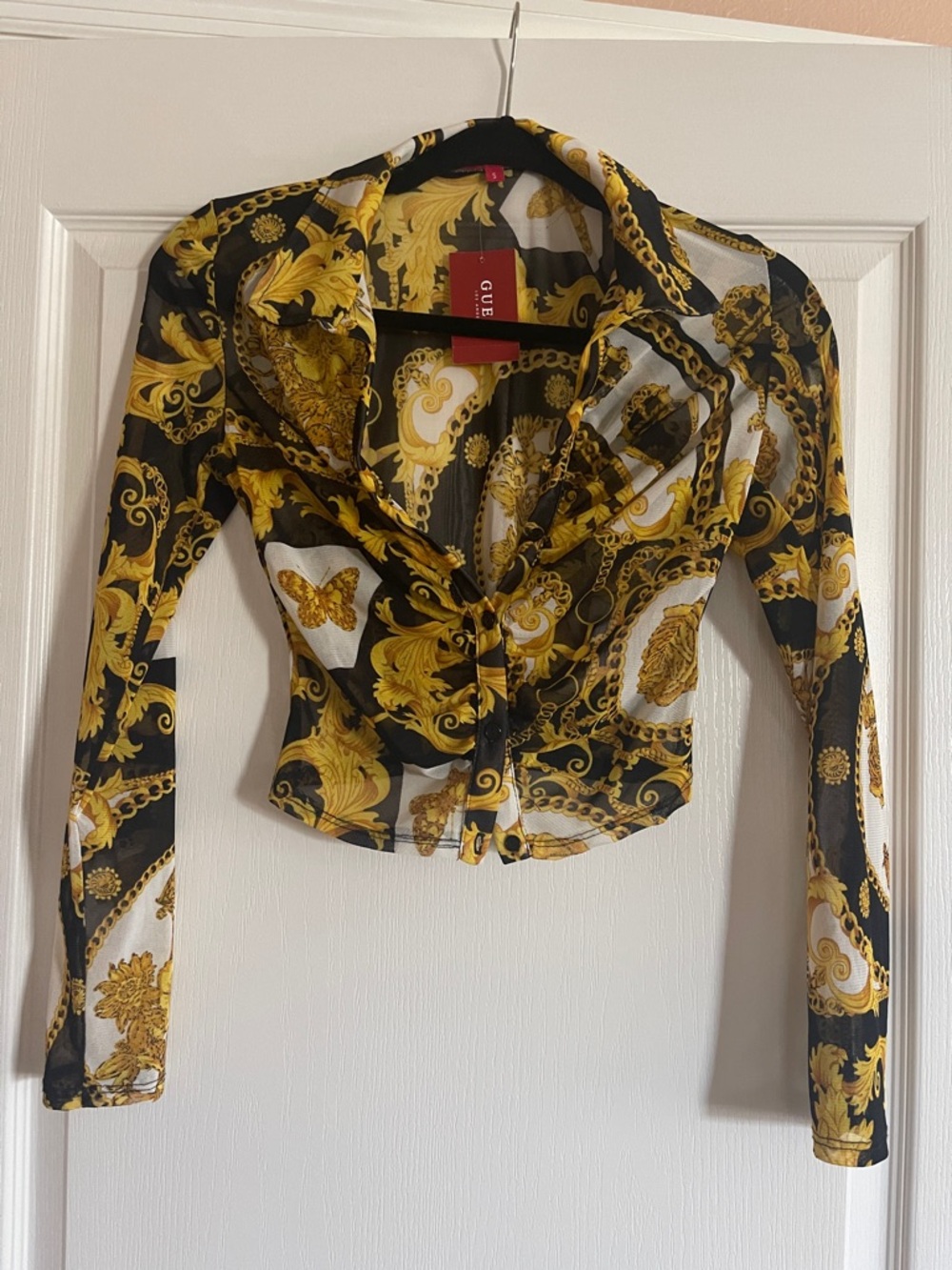 NWT GUESS Black and Gold Sheer Button-Front Crop Blouse